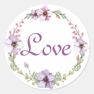 Pegatina Redonda Corona floral de acuarela de lavanda de amor púrpu
