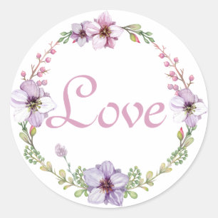 Pegatina Redonda Corona floral de acuarela de lavanda de amor púrpu