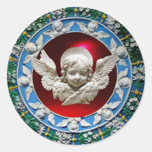 PEGATINA REDONDA CORONA FLORAL DE ÁNGEL DEL RENACIMIENTO FLORENTINO