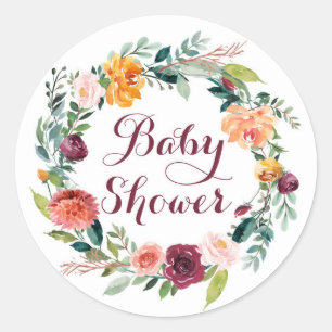 Pegatina Redonda Corona floral de otoño en acuarela para baby showe
