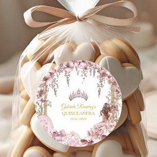 Pegatina Redonda Corona floral de quinceañera de oro y rosa rubor
