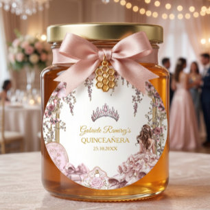 Pegatina Redonda Corona floral de quinceañera de oro y rosa rubor