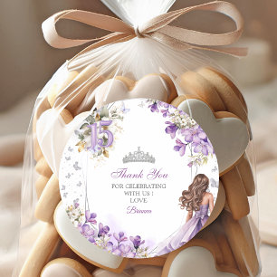 Pegatina Redonda Corona Floral de Quinceañera de Plata Lavanda Grac