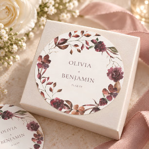 Pegatina Redonda Corona floral de vino Borgoña Boda Personalizada