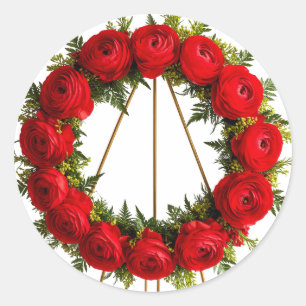 Pegatina Redonda Corona floral elegante adornada con rosas rojas