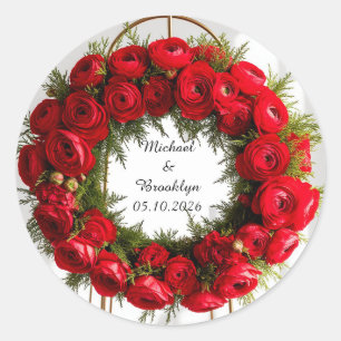 Pegatina Redonda Corona floral elegante adornada con rosas rojas
