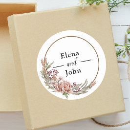 Pegatina Redonda Corona Floral Elegante Boda Personalizada