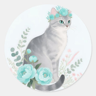Pegatina Redonda Corona Floral Gato Gris