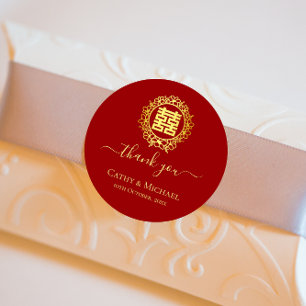 Pegatina Redonda Corona floral gracias boda china roja