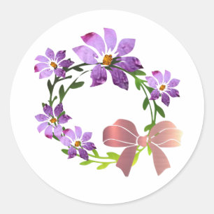 Pegatina Redonda Corona floral morada con lazo