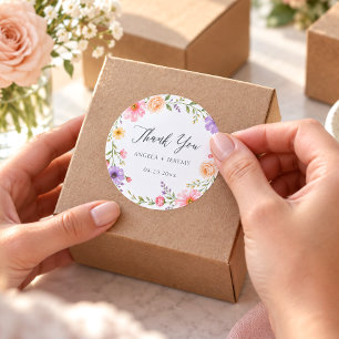 Pegatina Redonda Corona floral pastel romántico agradecimiento boda