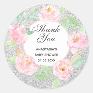 Pegatina Redonda Corona floral plateada y rosa Gracias Baby Shower