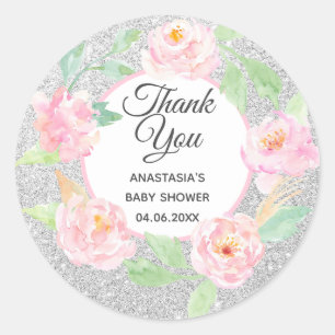 Pegatina Redonda Corona floral plateada y rosa Gracias Baby Shower