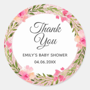 Pegatina Redonda Corona floral rosa dorado rosa Gracias Baby Shower
