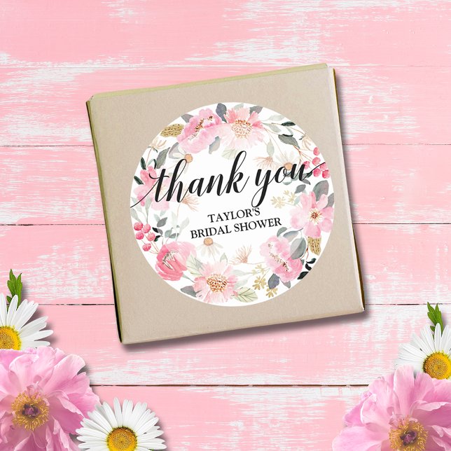 Pegatina Redonda Corona floral rosa gracias (Watercolor pink flowers bridal shower thank you round 3" stickers (small size available))