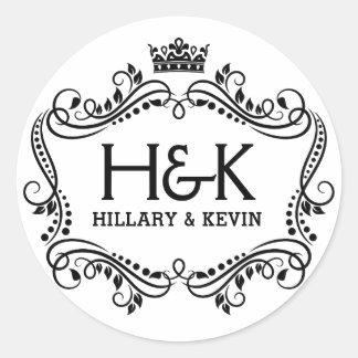 Pegatina Redonda Corona negra y blanca y marco floral
