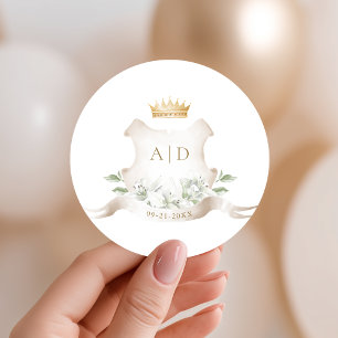 Pegatina Redonda Corona Real Monograma de Boda Gold Crest