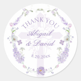Pegatina Redonda Corona religiosa de boda de lila lavanda floral