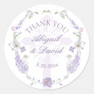 Pegatina Redonda Corona religiosa de boda de lila lavanda floral