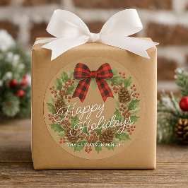 Pegatina Redonda Corona rústica de acebo con lazo cuadros rojos y n