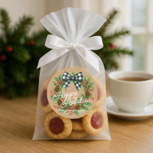 Corona rústica de acebo con lazo de cuadros blanco