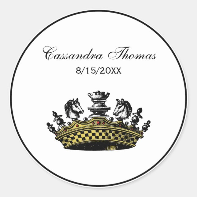 Pegatina Redonda Corona Vintage con color de piezas de ajedrez (Anverso)