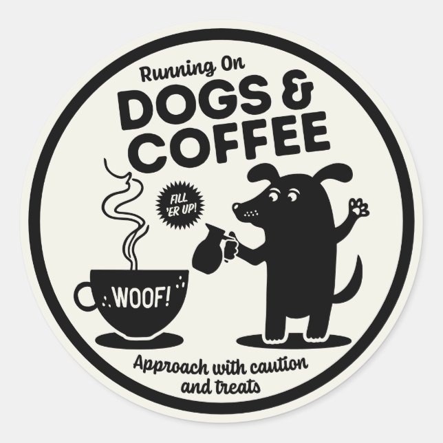 Pegatina Redonda Corriendo con Perros y Café (Anverso)