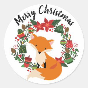 Pegatina Redonda Cortar Fox con Wreath Navidades
