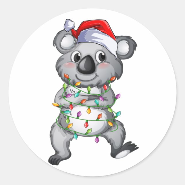 Pegatina Redonda Cortar koala en navidades con luces de palo redond (Anverso)