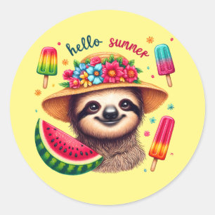 Pegatina Redonda Corte hola Summer Sloth