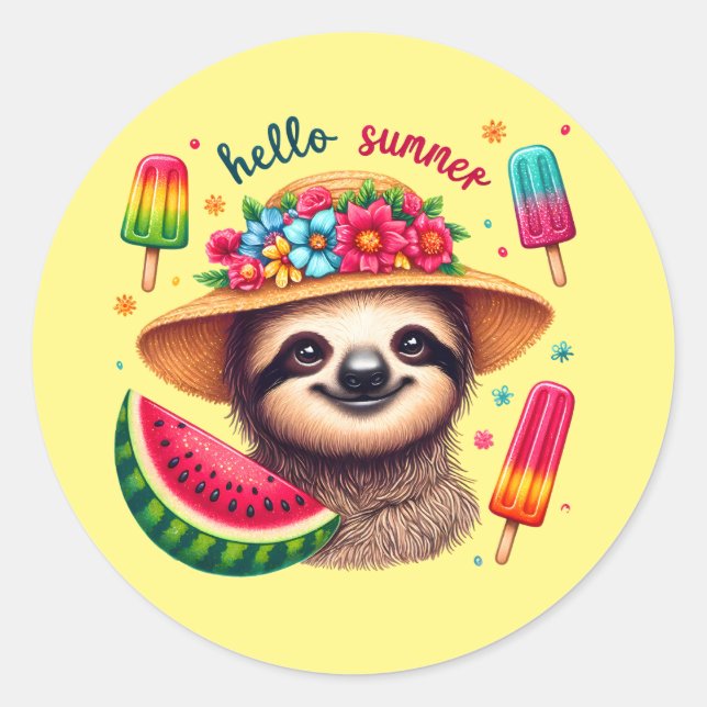 Pegatina Redonda Corte hola Summer Sloth (Anverso)