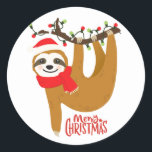 Pegatina Redonda Corte Merry Christmas Sloth<br><div class="desc">Navidades de fondo perezoso</div>