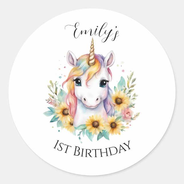Pegatina Redonda Corte Unicornio Sunflowers 1º cumpleaños (Anverso)