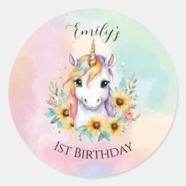 Pegatina Redonda Corte Unicornio Sunflowers 1º cumpleaños