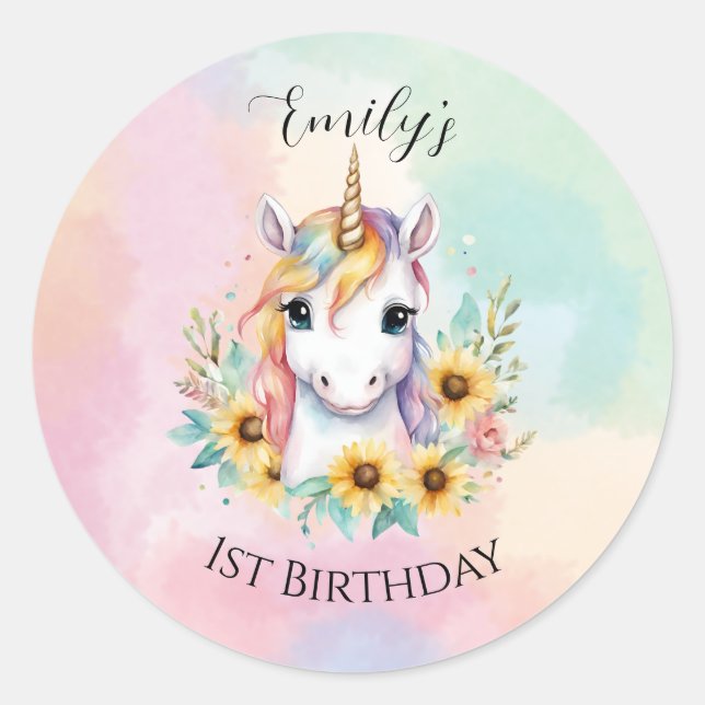 Pegatina Redonda Corte Unicornio Sunflowers 1º cumpleaños (Anverso)