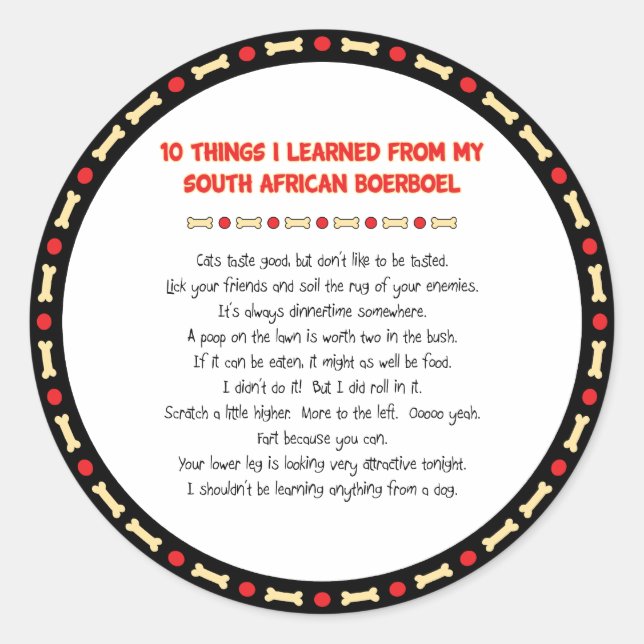 Pegatina Redonda Cosas Graciosas Que Aprendí Del Boerboel Sudafrica (Anverso)