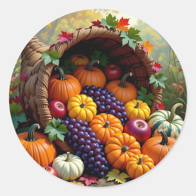 Pegatina Redonda Cosecha de Otoño y Cornucopia de Bendiciones  (Anverso)