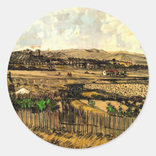 Pegatina Redonda Cosecha en Provenza Montmajour de Vincent van Gogh