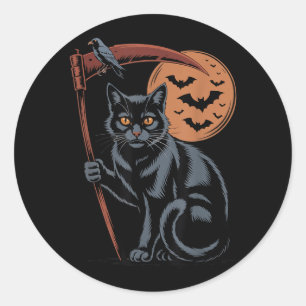 Pegatina Redonda Cosechadora de la Muerte Gato Negro Halloween Mamá