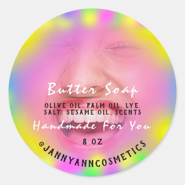 Pegatina Redonda Cosméticos de jabón de mantequilla Foto Sonrisa de (Anverso)