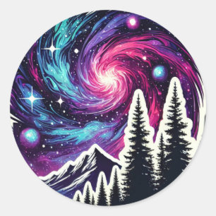Pegatina Redonda Cosmic Forest: Galaxy Meets Nature