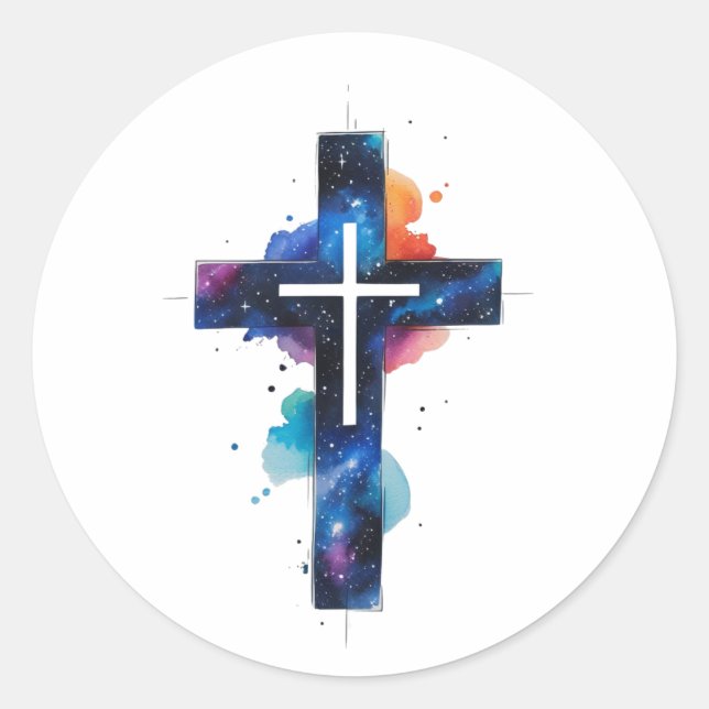 Pegatina Redonda Cosmic Grace Galaxy Christian Cross Sticker (Anverso)