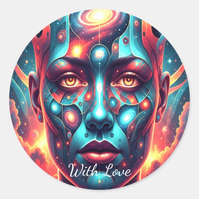 Pegatina Redonda Cosmic Mosaic Face "With Love" (Anverso)