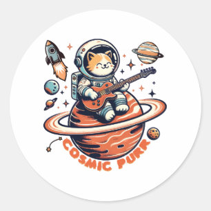 Pegatina Redonda Cosmic Purr - Gato Guitarrista Astro