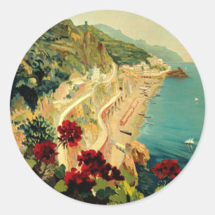 Pegatina Redonda Costa Amalfitana italiana, Cartel de viaje antiguo