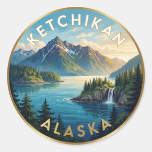 Pegatina Redonda Costa de la selva tropical de Ketchikan Alaska Via