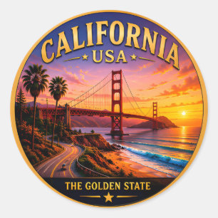 Pegatina Redonda Costa Dorada de California Sunshine Travel