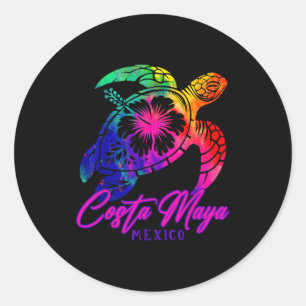 Pegatina Redonda Costa Maya México Tie Dye Tortuga de Mar Hibisco P