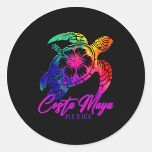 Pegatina Redonda Costa Maya México Tie Dye Tortuga de Mar Hibisco P