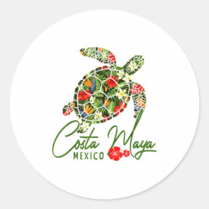 Pegatina Redonda Costa Maya México Tortuga Marina Hibisco Tropical